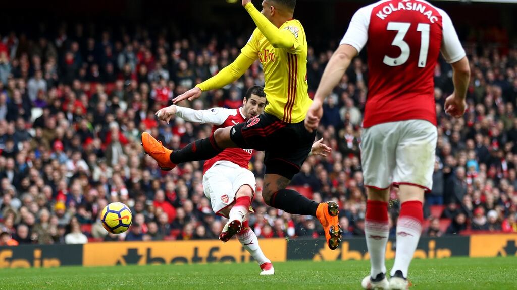 Henrikh Mkhitaryan scores Arsenal’s third goal goal during the Premier League match against Watford at Emirates Stadium. Photograph: Julian Finney/Getty Images