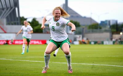 Ireland’s Amber Barrett celebrates scoring her side’s third goal from a penalty against Zambia. Photograph: Ryan Byrne/Inpho