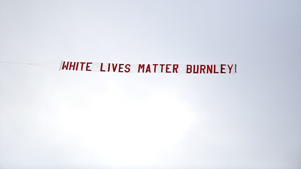 The banner which was flown over the Etihad on Monday night. Photograph: Shaun Botterill/PA