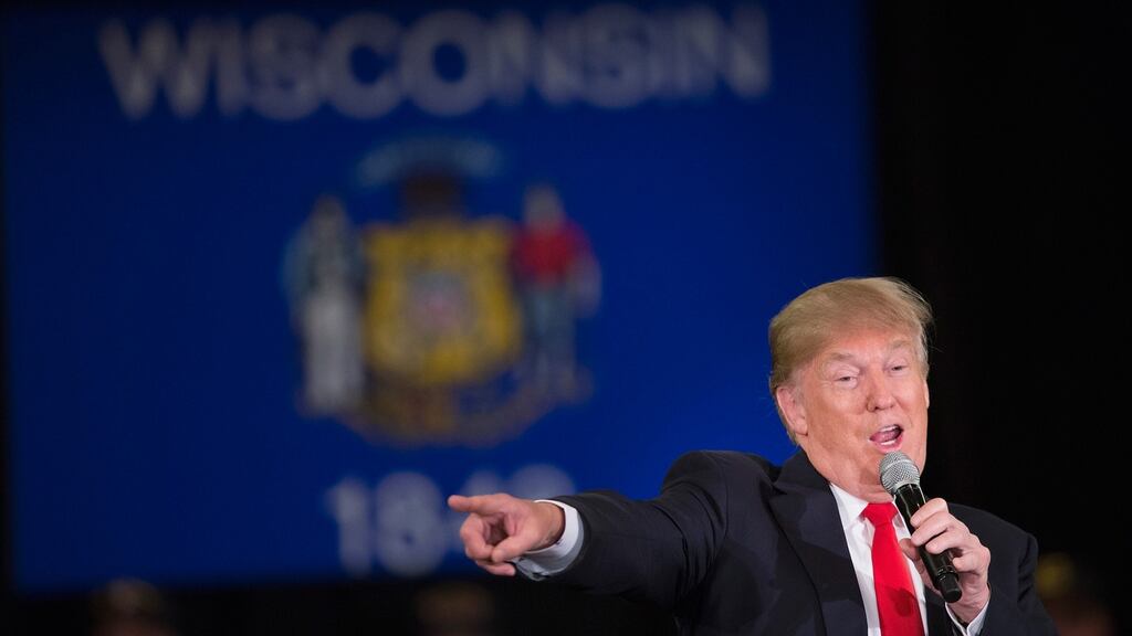 Republican presidential candidate Donald Trump speaks to guests during a campaign rally at the Radisson Paper Valley Hotel in Appleton, Wisconsin. The state’s voters go to the polls for the Republican primary on Tuesday. Photograph: Scott Olson/Getty Images