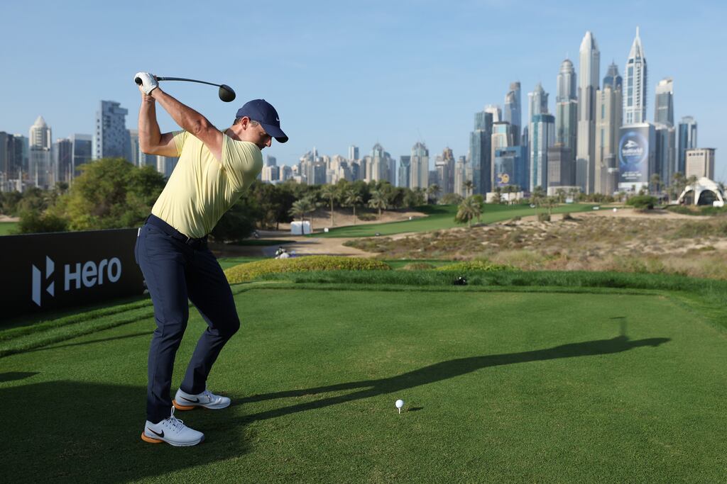 Rory McIlroy tees off on the eighth hole as part of social media filming prior to the Hero Dubai Desert Classic at Emirates Golf Club. Photograph: Francois Nel/Getty Images