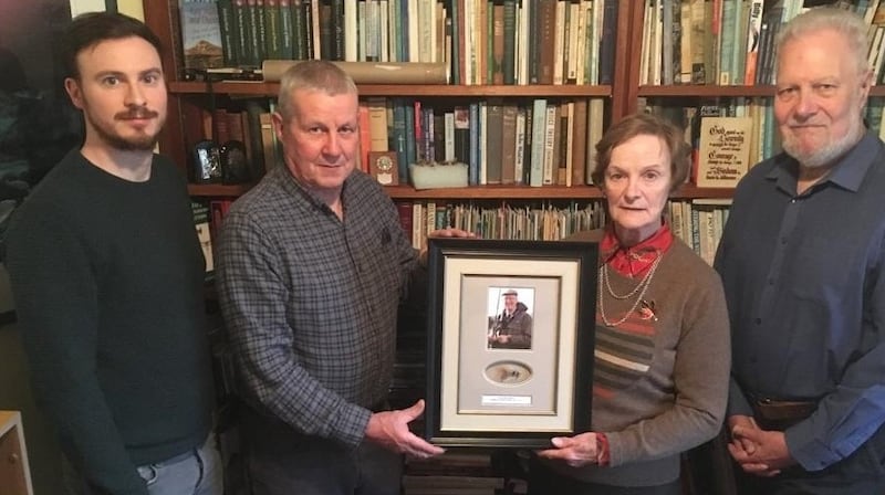 At the presentation of a framed ‘O’Reilly Shrimp’ were (from left), Patrick O’Reilly, Jimmy Tyrrell, Rose O’Reilly and Arthur Greenwood.