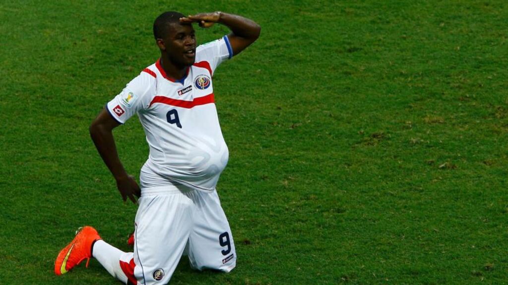 Costa Rica’s Joel Campbell celebrates after scoring a goal against Uruguay during their World Cup Group D match at the Castelao arena in Fortaleza. Photo: Mike Blake/Reuters