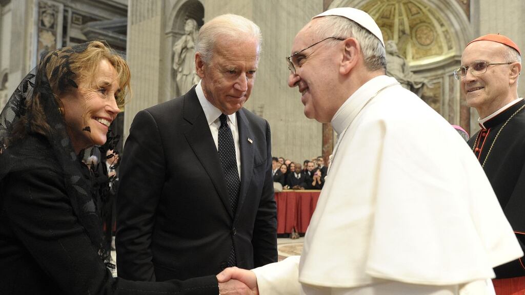 US vice-president Joe Biden and his wife Jill are greeted by Pope Francis in Saint Peter's Basilica after his inauguration at the Vatican yesterday. Mr Biden confirmed today that he will visit Ireland laster this year. Photograph: Reuters