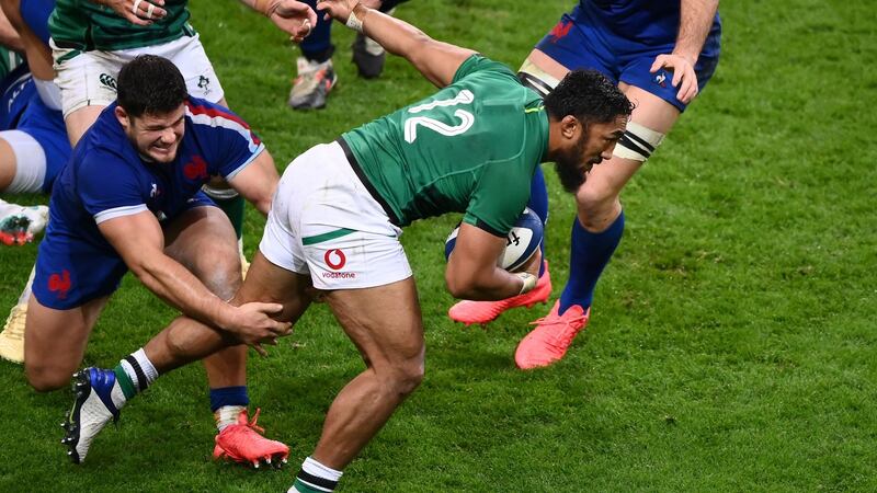 Bundee Aki carries during Ireland’s defeat to France in Paris. Photograph: Franck Fife/Getty/AFP