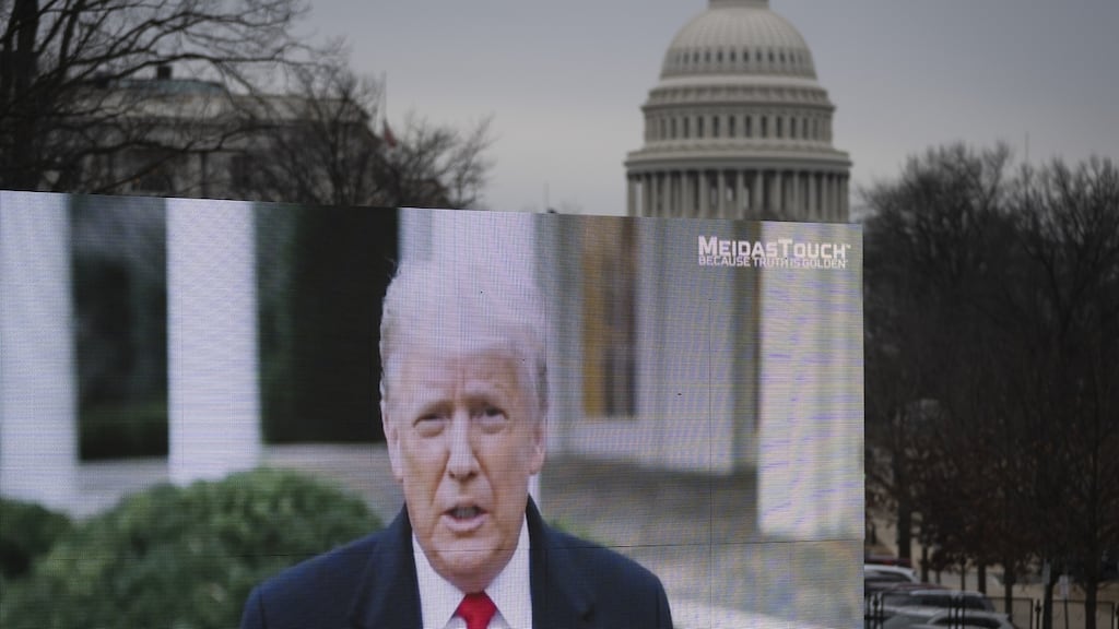 A video billboard calling for the conviction of Donald Trump plays near the US Capitol on Friday. Photograph: Drew Angerer/Getty Images