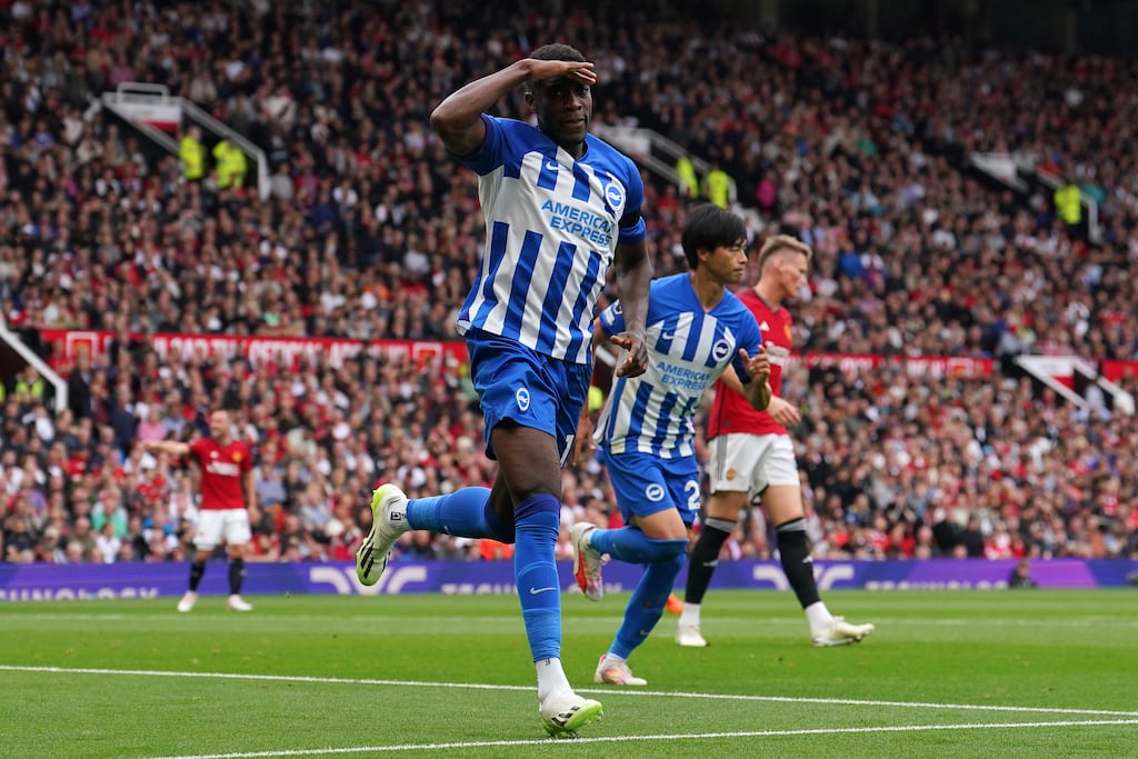 Brighton and Hove Albion's Danny Welbeck celebrates scoring against his former club at Old Trafford. Photograph: Martin Rickett/PA