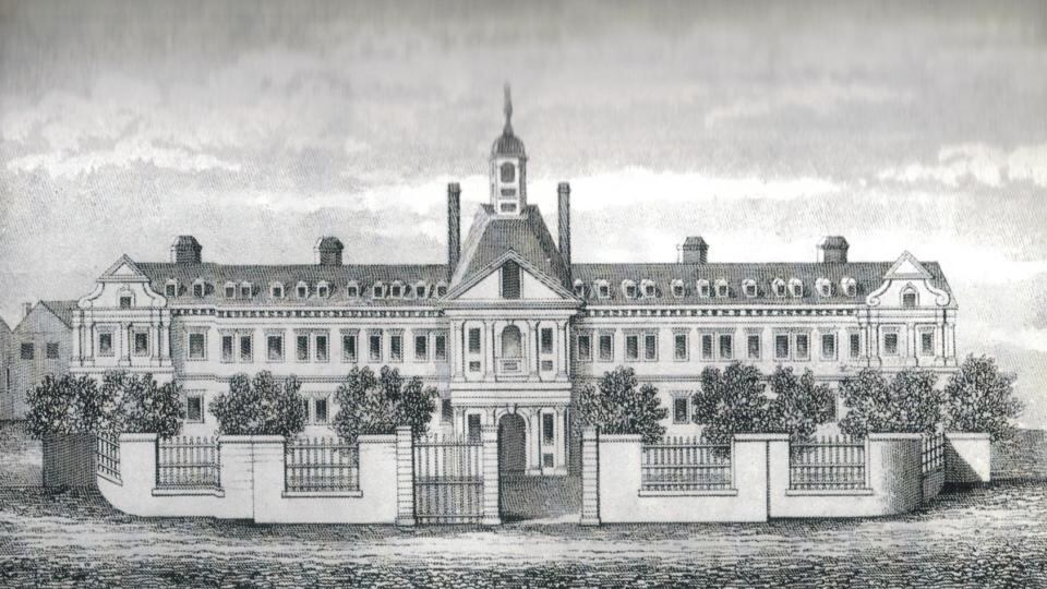 Front of Trinity College Dublin from Charles Brooking’s map of Dublin, 1728.