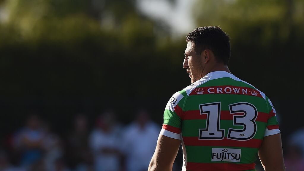 Sam Burgess of the Rabbitohs looks on during the NRL trial match between the Gold Coast Titans and the South Sydney Rabbitohs at Pizzey Park. Photograph: Matt Roberts/Getty Images