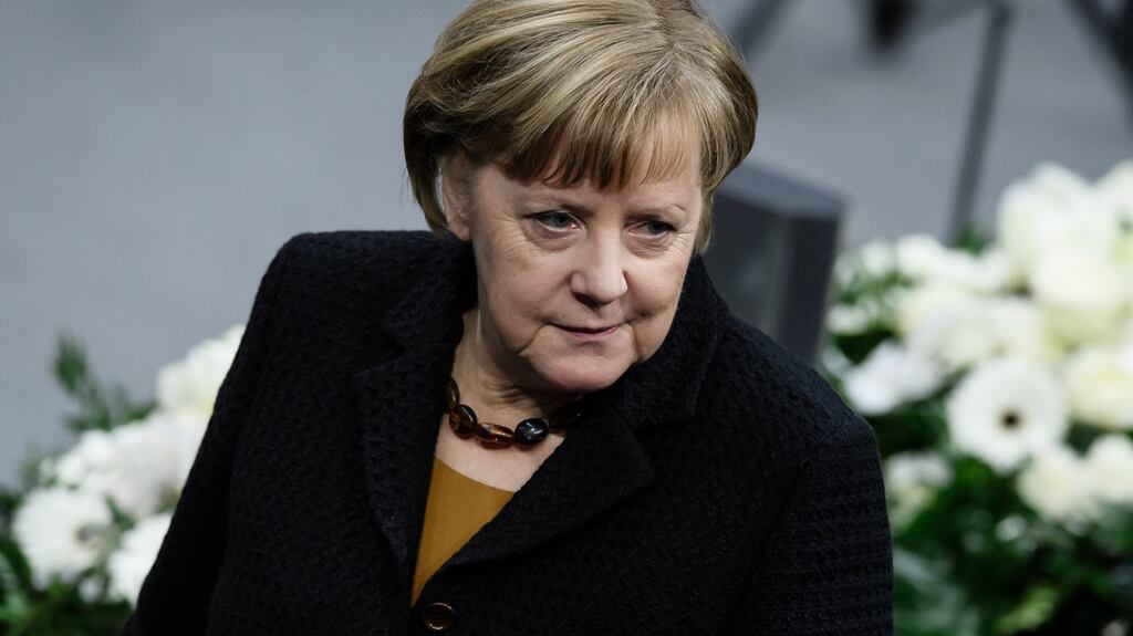 Acting German chancellor Angela Merkel arrives at a memorial ceremony for the deceased former president of the German parliament Philipp Jenninger in Berlin. Photograph: Clemens Bilan/EPA