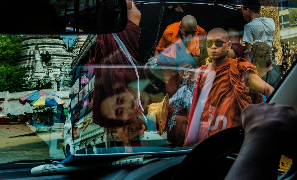 Buddhist monks in downtown Mandalay, Myanmar's second largest city, where riots between Buddhist and Muslim groups have erupted in the past. Photograph: Brenda Fitzsimons / The Irish Times