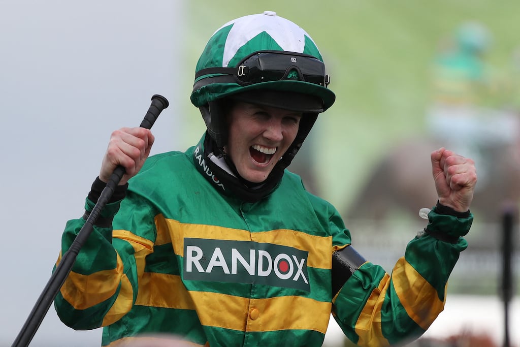 Rachael Blackmore celebrates her Aintree Grand National win on Minella Times in April 2021. Photograph: Scott Heppell/AFP via Getty Images
