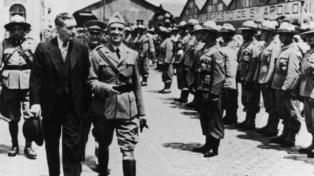 Portuguese dictator António de Oliveira Salazar (1889-1970) reviews troops about to embark for the African colonies of the Portuguese Republic, circa 1950. Photograph: Evans/Three Lions/Hulton Archive/Getty