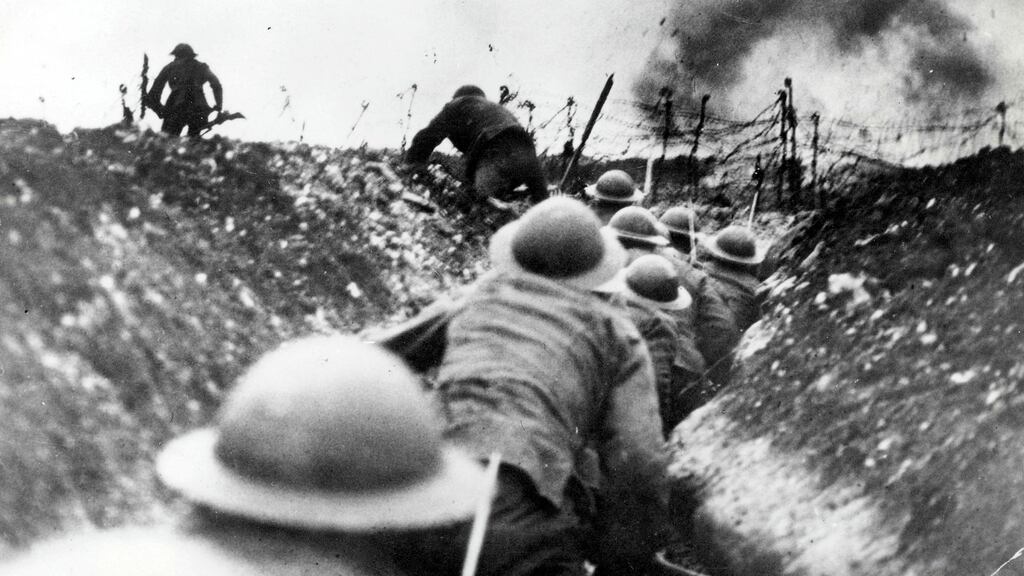 British troops go over the top from the trenches in  the Battle of the Somme. Photograph: Popperfoto/Getty