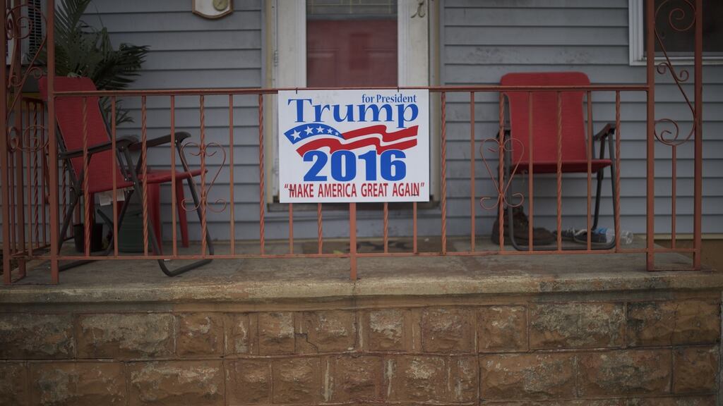 A sign supporting Donald Trump in Schuylkill Haven, Pennsylvania: his support among older, patriotic, less-educated, white lower-class voters gives Trump a strong base in the rural parts of the state. Photograph: Mark Makela/Getty Images