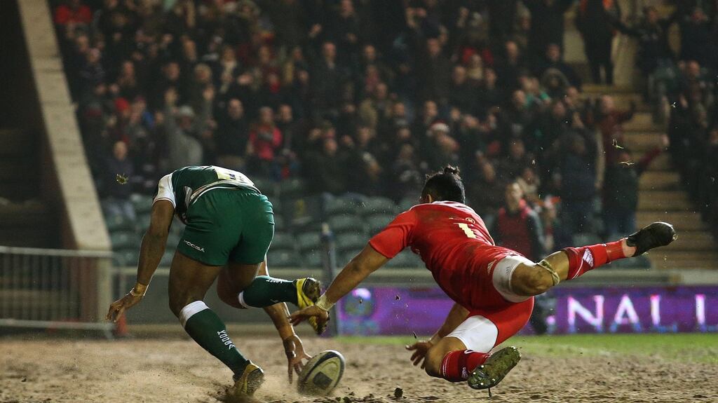 Leicester’s Vereniki Goneva gets away to score his side’s second try in their Champions Cup win over Munster at Welford Road. Photo: Ryan Byrne/Inpho