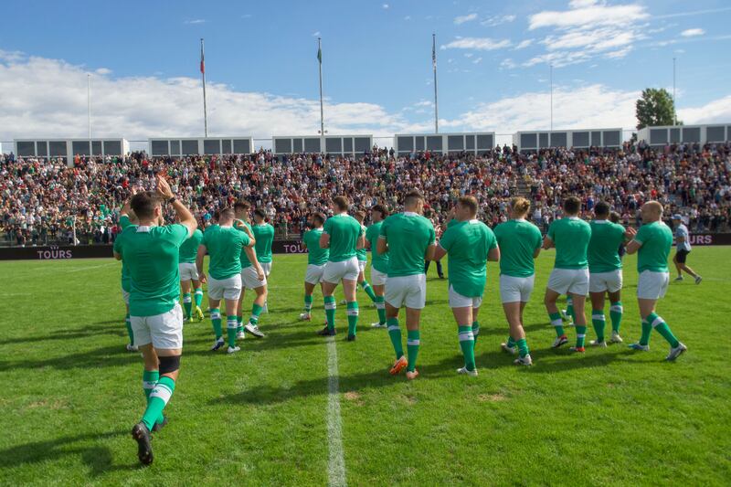 Ireland's players acknowledge the crowd as they walk off the field during a training session at the Stade de la Vallee du Cher in Tours. Photograph: Guillaume Souvant/Getty