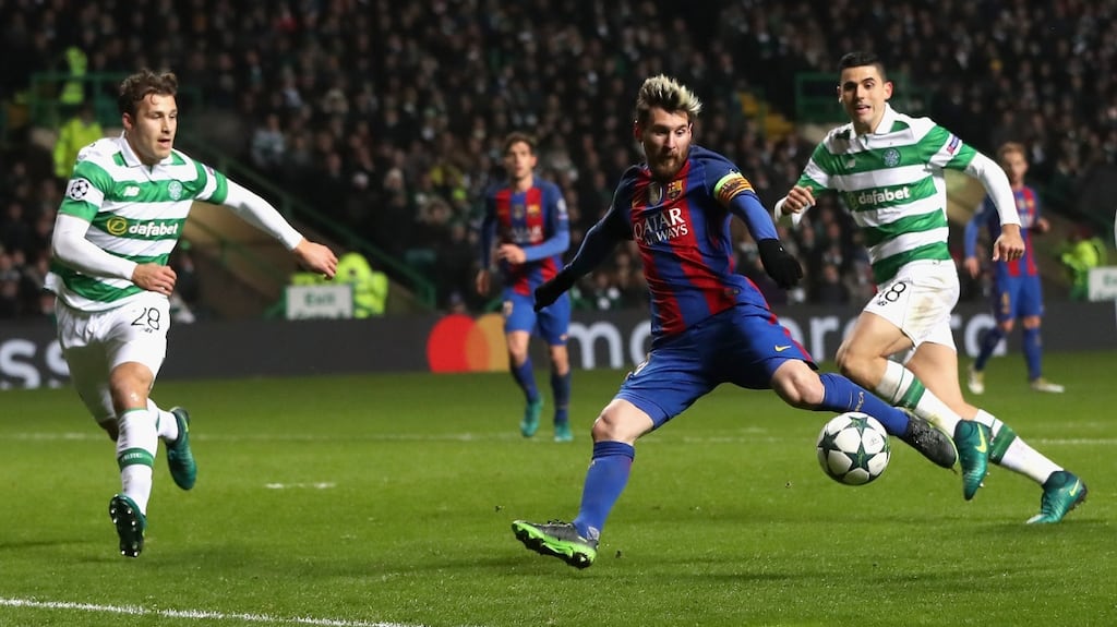 Lionel Messi of Barcelona scores his side’s first goal during the Uefa Champions League Group C match between Celtic and Barcelona at Celtic Park. Photo: Ian MacNicol/Getty Images
