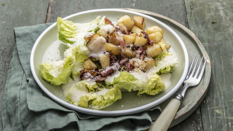 Hot potato and bacon salad with ranch dressing