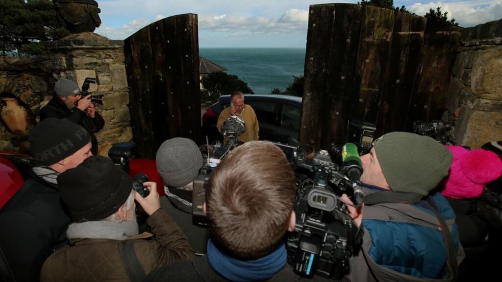 John Martin (centre), of the New Land League speaks to the media outside Gorse Hill, off Vico Road, in Killiney, Co Dublin, the home of Brian O’Donnell. Photograph: Brian Lawless/PA