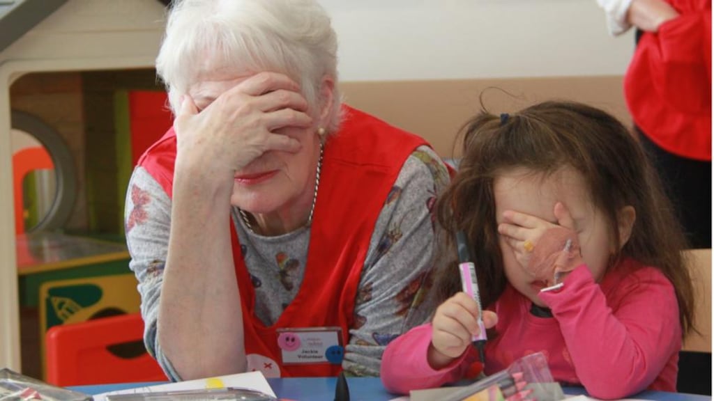 Volunteer Jackie Tracey with patient Laura Fabris at Our Lady’s Children’s Hospital, Crumlin