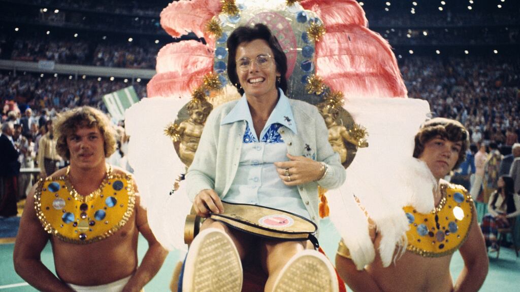 Billie Jean King was ferried to the court on a throne fit for Cleopatra, carried by four shirtless hunks from Rice University. She defeated Riggs in three sets to claim the $100,000 winner-takes-all purse.
