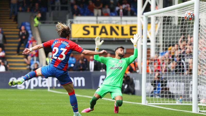 Conor Gallagher hits the post for Crystal Palace against newly promoted Brentford. Photograph: Julian Finney/Getty