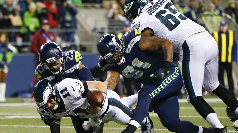 Sheldon Richardson  causes  Carson Wentz  of the Philadelphia Eagles to fumble the ball for a touchback. Photograph: Jonathan Ferrey/Getty Images