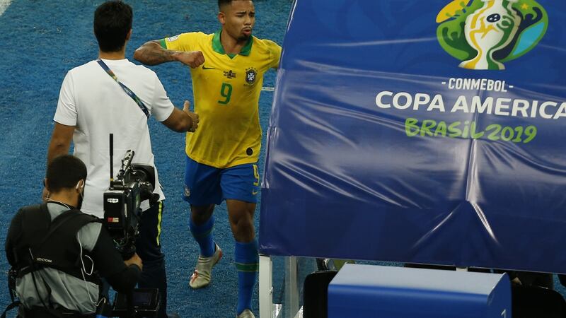 Gabriel Jesus reacts to his sending off against Peru. Photograph: Getty Images