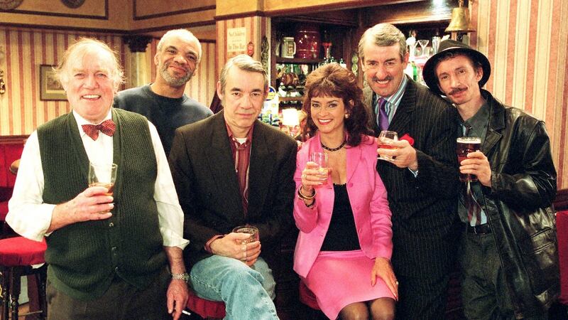 Sid (Roy Heather), DenziL (Patrick Barber),Trig (Roger Lloyd Pack), Marlene (Sue Holderness), Boycie (John Challis) and Mickey Pearce (Patrick Murray) in the Christmas Day special of Only Fools and Horses in 2001. Photograph: BBC/PA Wire