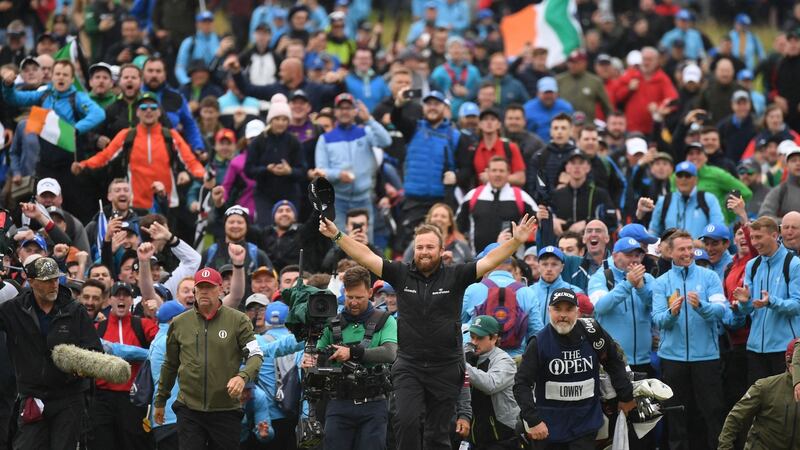 Shane Lowry celebrates clinching the British Open at Royal Portrush  in 2019. Arena Events Group will be providing everything from scaffolding for TV cameras to triple-deck hospitality tents at for the tournament at Royal St George’s next week.   Photograph: Andy Buchanan/AFP via Getty Images