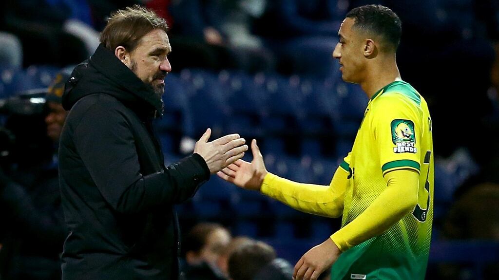 Norwich City manager Daniel Farke ’s shakes Adam Idah’s hand as the Irish teenager is substituted late in the FA Cup third-round win over Preston North End. Photograph: Dave Thompson/PA Wire