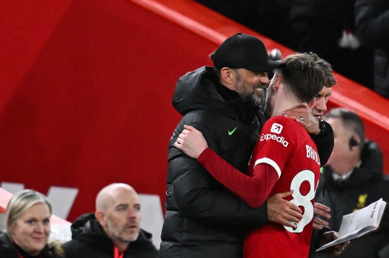 Jurgen Klopp congratulates Conor Bradley as he leaves the pitch during the English Premier League game between Liverpool and Chelsea. Photograph: Paul Ellis / AFP via Getty Images
