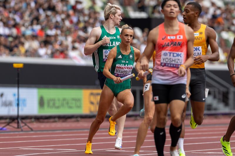 Ireland’s Sharlene Mawdsley running in the mixed 4x400m relay. Photograph: Morgan Treacy/Inpho