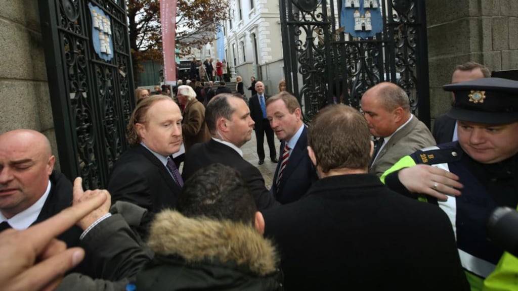 Water protesters confront An Taoiseach Enda Kenny TD on his way into the Manison House in Dublin on Sunday. Photograph: SAM Boal/Photocall Ireland