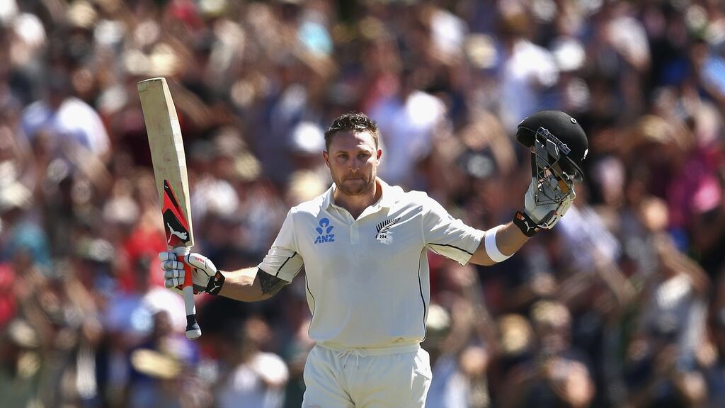 New Zealand captain Brendon McCullum celebrates after scoring the fastest century in Test history in his final match against Australia in Christchurch. Photograph: Ryan Pierse/Getty Images