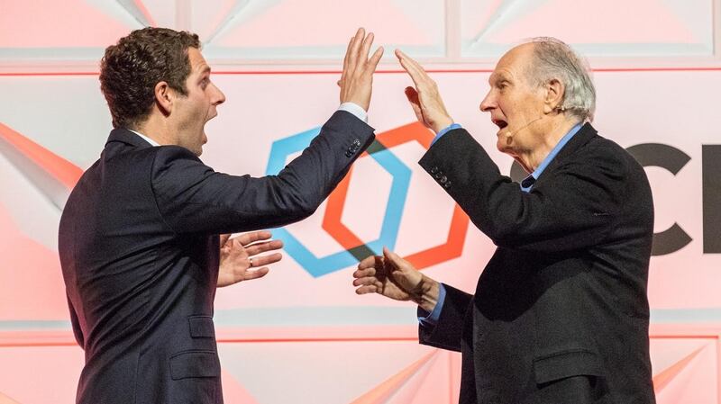 Actor Alan Alda practising improv and science communication with Jonathan McCrea at SCI:COM in 2018. Photograph: Naoise Culhane
