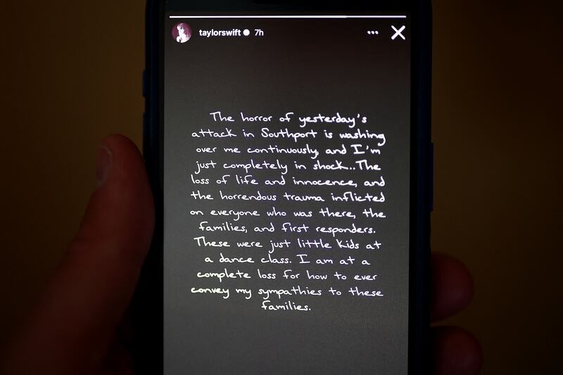 A statement posted on Instagram by US singer-songwriter Taylor Swift in the wake of the Southport stabbing at a Swift-themed event. Photograph: Henry Nicholls/AFP/Getty
