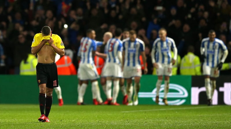 Richarlison reacts to Huddersfield’s fourth goal at Vicarage Road. Photograph: Alex Morton/Getty Images