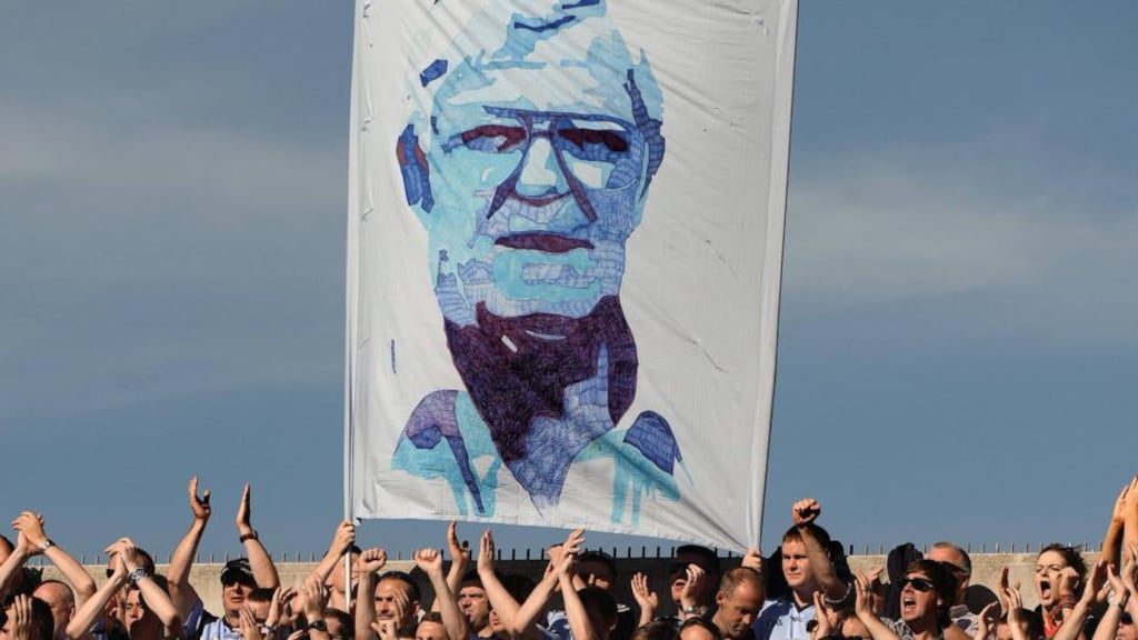 Dublin supporters unfurl a giant flag in a poignant tribute on All-Ireland final day to the late Kevin Heffernan – former player and manager. Liam Hayes’s book, Heffo – A Brilliant Mind  looks at the career of the Dublin legend. Photo: Ray McManus/Sportsfile