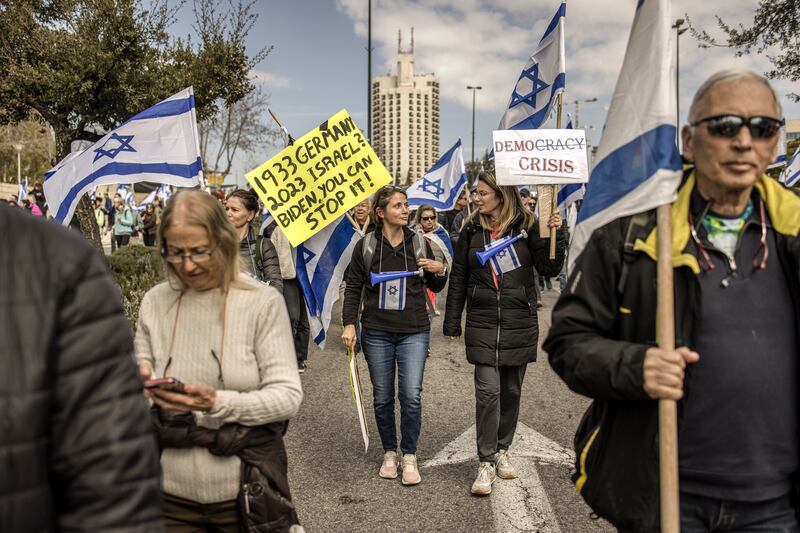 A protest against the plans of Israel's new government to overhaul the country’s judicial system. Photograph: Avishag Shaar-Yashuv/The New York Time