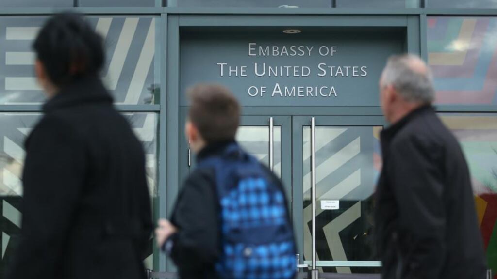People walk past the US embassy in Berlin yesterday. The embassy is becoming a focus in the current scandal over eavesdropping by the National Security Agency on the mobile phone of German chancellor Angela Merkel. Photograph: Sean Gallup/Getty Images
