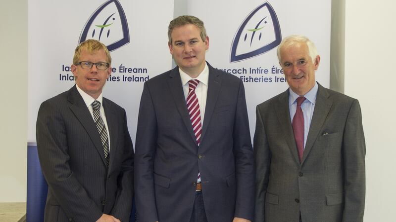 Inland Fisheries Ireland CEO Ciarán Byrne, left, with Minister of State, Sean Kyne and Inland Fisheries Ireland chairman, Fintan Gorman.