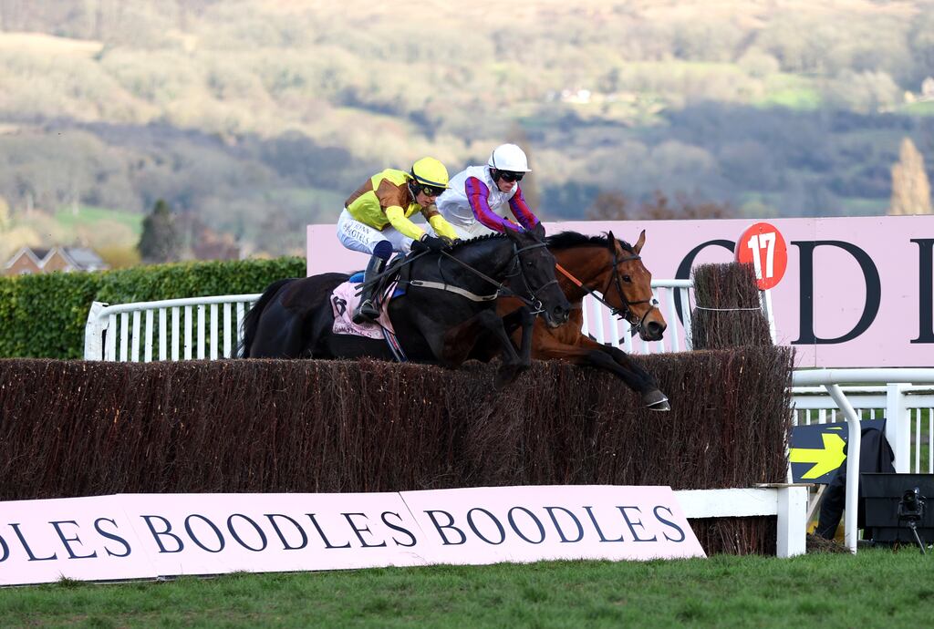 Galopin Des Champs ridden by jockey Paul Townend (left) on their way to winning the Boodles Cheltenham Gold Cup Chase on day four of the Cheltenham Festival. Flutter-owned Paddy Power, Betfair and Sky Bet handled €280 million in bets over the course of the meeting. Photograph: Steven Pasto/Jockey Club/PA