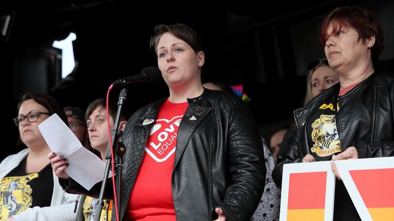 Sara Canning speaks at the rally demanding same sex marriage in Northern Ireland. Photograph: Brian Lawless/PA