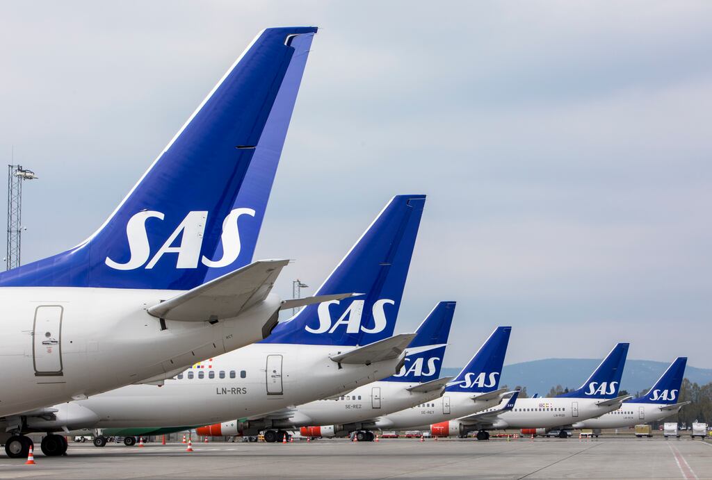SAS planes grounded at Oslo Gardermoen airport as the airline filed for bankruptcy protection after pilots went on strike. Photograph: NTB Scanpix via AP