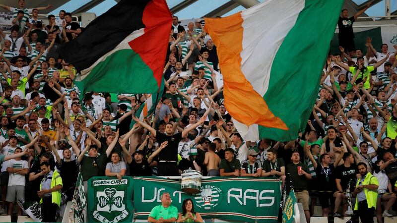 Travelling  Celtic fans before the match in Athens. Photograph: Alkis Konstantinidis/Reuters