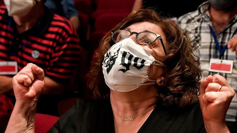 Magda Fyssa, mother of anti-fascist rapper Pavlos Fyssas, who was murdered in 2013 by a member of Golden Dawn, reacts after the verdict. Photograph: Louisa Gouliamaki/AFP via Getty Images