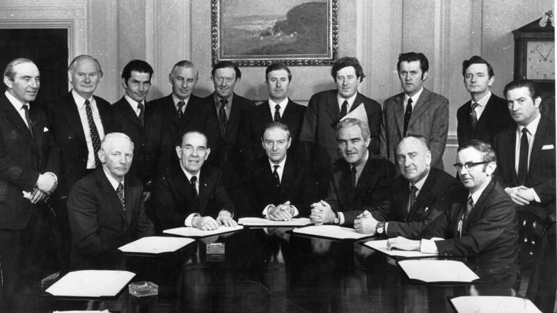 Cabinet table: Justin Keating (far right) in 1973, with taoiseach Liam Cosgrave and his fellow ministers, including Garret FitzGerald and Conor Cruise O’Brien. Photograph: Pat Langan