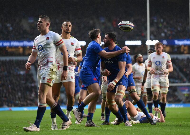 Charles Ollivon of France celebrates scoring his side's third try against England on Saturday. Photograph: Shaun Botterill/Getty Images